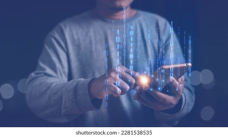 Digital software technology development concept, Programmer coding binary codes 1 and 0 to represent the digital data from smartphone, Artificial intelligence data transfer, Software development.