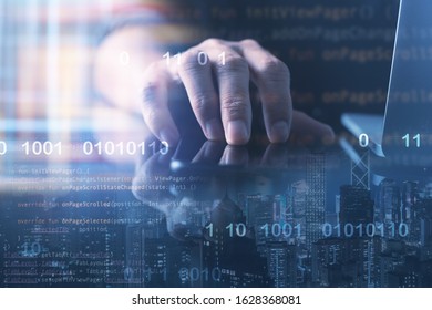 Digital software technology development, IoT Internet of Things concept. Double exposure, man programmer, software developer working on laptop computer and smart city, binary, computer code