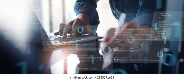 Digital software technology, mobile app development concept. Computer programmer, software developer coding on laptop computer with javascript and binary code, agile methodology