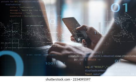 Digital software technology, mobile app development concept. Computer programmer, software developer coding on laptop and using mobile phone with javascript and binary code, agile methodology - Powered by Shutterstock - Get 15% off with code: PIKWIZARD15
