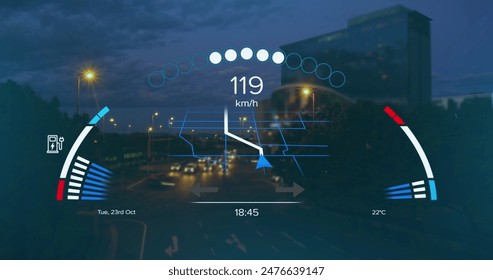 Digital speedometer display with various indicators and metrics. cityscape with streetlights and buildings visible in background - Powered by Shutterstock