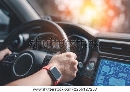 Digital speedometer and HUD (Head Up Display) in an autonomous vehicle's empty cockpit. a self-driving car.