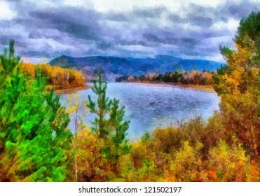 Digital Structure Of Painting. Beautiful Watercolor Autumn Lanscape