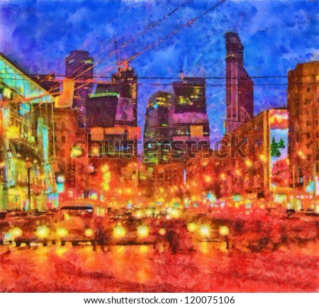 Digital structure of painting. Night cityscape