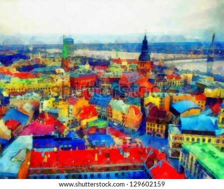 Digital structure of painting. Panoramic view of city