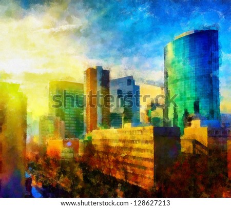 Digital structure of painting. Sunny cityscape