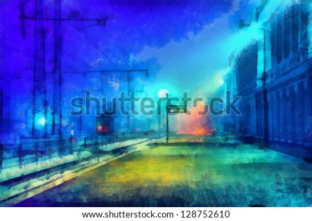Digital structure of painting. Watercolor evening cityscape