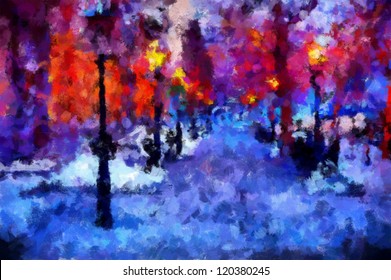 Digital structure of painting. Watercolor impressionistic city
