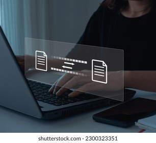 Digital system for transferring documents and files online. Data Transfer concept. File Transfer Protocol (FTP) files receiver and computer backup copy. File sharing isometric.
