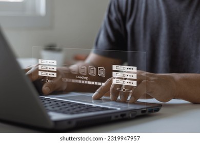 Digital system for transferring documents and files online. Data Transfer concept. File Transfer Protocol (FTP) files receiver and computer backup copy. File sharing isometric.