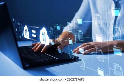 Digital system for transferring documents. FTP(File Transfer Protocol) files receiver and computer backup copy. File sharing isometric. Exchange information and data with internet cloud technology. - Shutterstock ID 2202717695