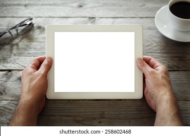 Digital tablet with blank screen in coffee shop cafe - Powered by Shutterstock