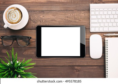 Digital Tablet Blank Screen On Work Desk, Mockup Black Tablet