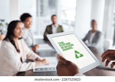 Digital tablet, business meeting and man with recycle, goal and project proposal in office. Screen, eco and sustainable project by leader with people for vegan, paperless and creative presentation - Powered by Shutterstock