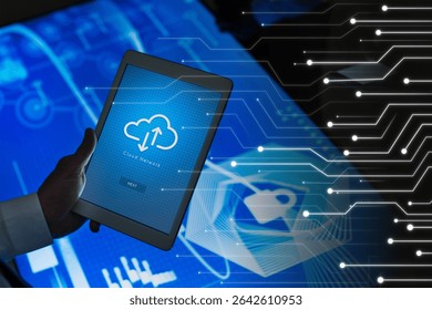 Digital tablet with cloud network on screen. Cloud network concept with tablet. Blue digital interface highlighting cloud network. High-tech technology photo showing data for futuristic technology.