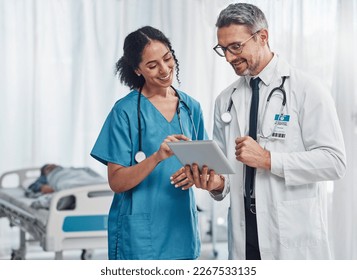 Digital tablet, collaboration and team of doctors analyzing results or diagnosis of patient in clinic. Teamwork, medical and healthcare workers in discussion and research on mobile device in hospital - Shutterstock ID 2267533135