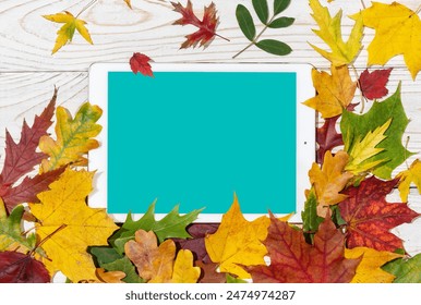 Digital tablet with colored leaves on white wooden background. Autumn background.  - Powered by Shutterstock