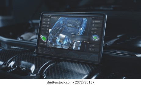 Digital tablet computer screen shows 3D futuristic graphical visualization of car developing professional software with 3D virtual electric vehicle model. Concept of modern car diagnostics technology.
