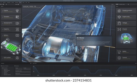 Digital tablet computer screen shows 3D futuristic graphical visualization of car developing professional software with 3D virtual electric vehicle model. Concept of modern car diagnostics technology.
