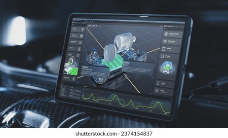 Digital tablet computer screen shows 3D render of professional software user interface for eco-friendly car developing. Program for car diagnostic or testing with 3D virtual electric vehicle model.