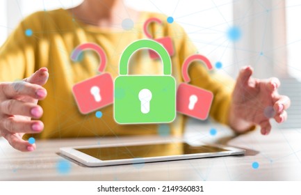 Digital tablet with data security concept between hands of a woman in background