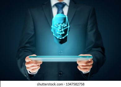 Digital tablet face detection and identification (ID) concept. Facial recognition protection and security.