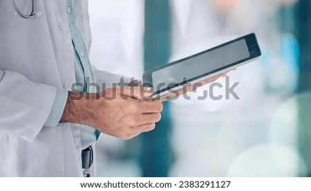Digital tablet, hands and man doctor in hospital typing, planning and online consulting on blurred background. Clinic, schedule and male heath expert on app for telehealth, help or research advice