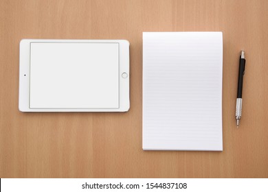 Digital Tablet Notebook And Mechanical Pencil Top View