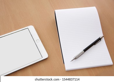 Digital Tablet Notebook And Mechanical Pencil Top View