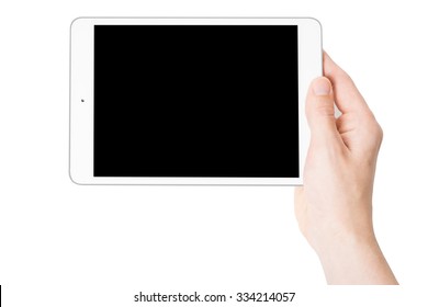 Digital tablet in one hand, on a white background, isolated - Shutterstock ID 334214057