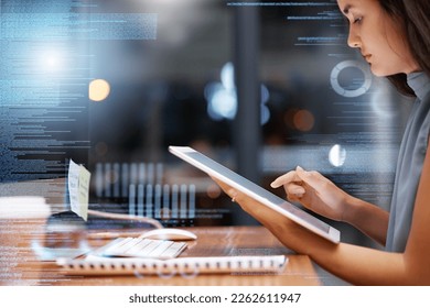 Digital tablet overlay, cybersecurity data and woman programmer with crypto data for fintech. Online code, ux research and information technology graphic of a employee coding with web analytics