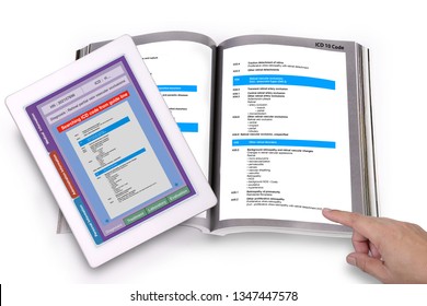 Digital Tablet Showing Medical Record Technology Application Searching ICD Code On Screen And Medical ICD Code Guide Book On White Bacjground.