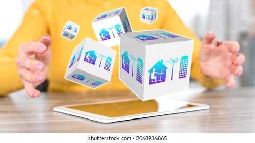 Digital tablet with teleworking concept between hands of a woman in background