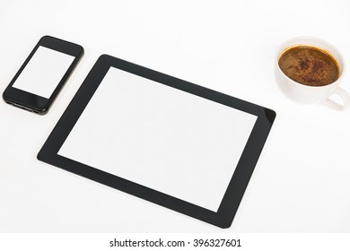Digital tablet touch pad computer with coffee in office table business