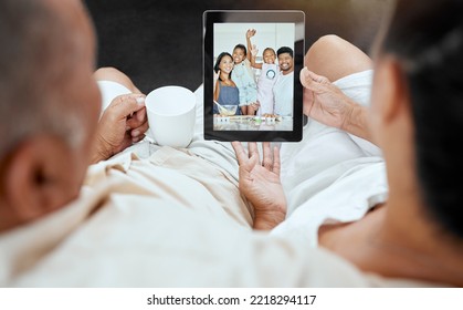 Digital Tablet, Video Call And Family Relax On Sofa With Grandparents Talking To Kids In Kitchen, Happy, Smile And Excited. Happy Family, Living Room And Online Call With Children And Senior Couple