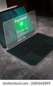 Digital tablet with vr interface for online payment. Banking and online shopping. Secure technology for financial transaction. Digital online payment concept.
