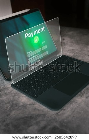 Digital tablet with vr interface for online payment. Banking and online shopping. Secure technology for financial transaction. Digital online payment concept.
