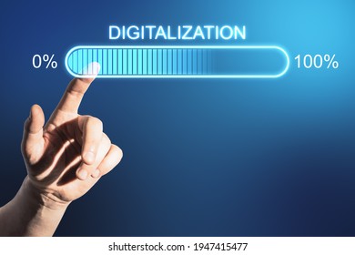 Digital technologies concept with virtual digitalization word and man finger pushing loading bar element icon