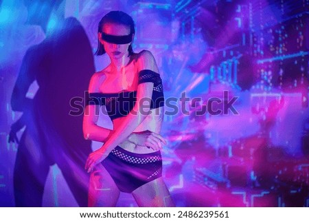 Digital technologies of the future. Neurotechnology and artificial intelligence. Portrait of a cyber-girl in VR-glasses standing in neon light and digital holographic databases.