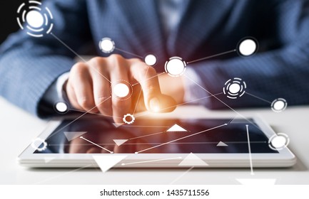 Digital Technologies In Modern Business Concept. Businessman Hands Using Tablet Computer. Virtual Interface On Tablet Computer Screen. 3d Data Visualization At Gadget. Online Marketing And Analytics