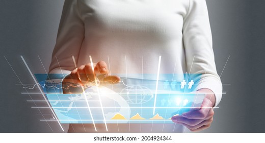 Digital technologies in modern business concept. Virtual interface with charts and diagrams. 3d data visualization. Online marketing and analytics futuristic concept. Online trading platform