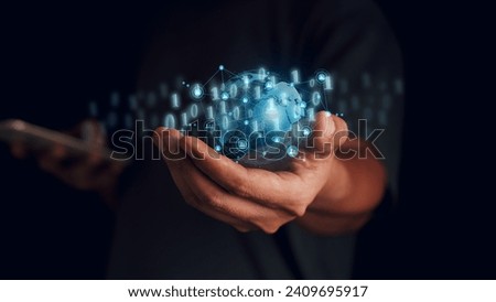 Digital Technology 0101 Internet Network Connection Number Big Data Internet IoT Digital Marketing Man with open hands with modern icons surfing the internet metaverse future of innovative technology.