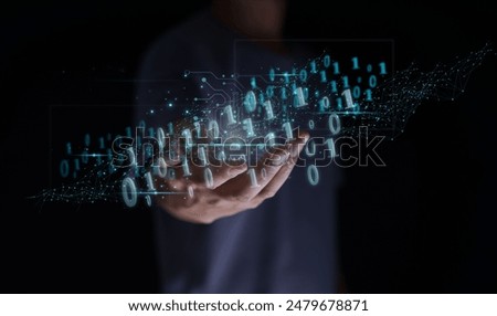 Digital Technology 0101 Internet Network Connection Number Big Data Internet IoT Digital Marketing Man with open hands with modern icons surfing the internet metaverse future of innovative technology.