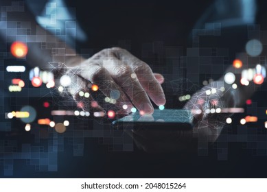 Digital technology background, internet network connection, big data, digital transformation, abstract data center, future tech concept. Man using mobile phone with futuristic network connection - Powered by Shutterstock