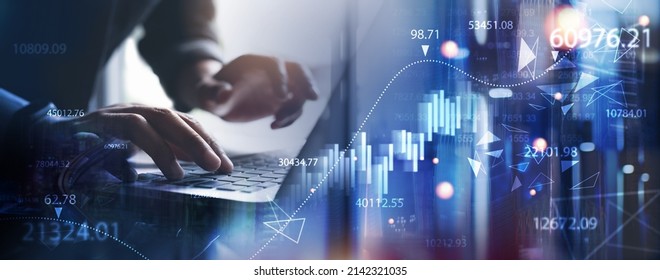 Digital Technology, Big Data, Business Finance And Investment With Innovative Futuristic Technology Background. Business Man Using Digital Tablet With Financial Graph Growth Chart, Data Science