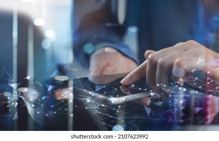 Digital technology, big data concept. Woman using mobile smart phone and laptop computer, abstract futuristic technology background - Powered by Shutterstock - Get 15% off with code: PIKWIZARD15