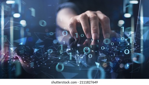 Digital Technology, Big Data, IoT Internet Of Things, Software Development Concept. Man Using Computer With Ai Technology, Futuristic Network And Binary Code, Metaverse Nft Abstract Backgrounds