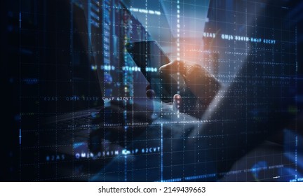 Digital technology, big data storage, digital software development, cyber security concept. Software engineer using computer, remote control with data centre and server room as background