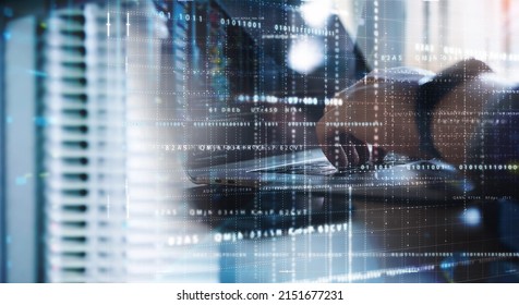 Digital technology, big data storage, digital software development, cyber security concept. Software engineer, programmer using computer, remote control with data centre and server room as background - Powered by Shutterstock - Get 15% off with code: PIKWIZARD15