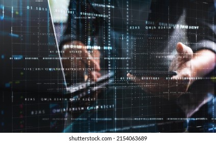 Digital Technology, Big Data Storage, Digital Software Development, Cyber Security Concept. Software Engineer, Programmer Using Computer, Remote Control With Data Centre And Server Room As Background